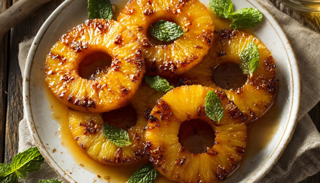 Caramelized pineapple rings with honey glaze made in air fryer on white plate with mint garnish
