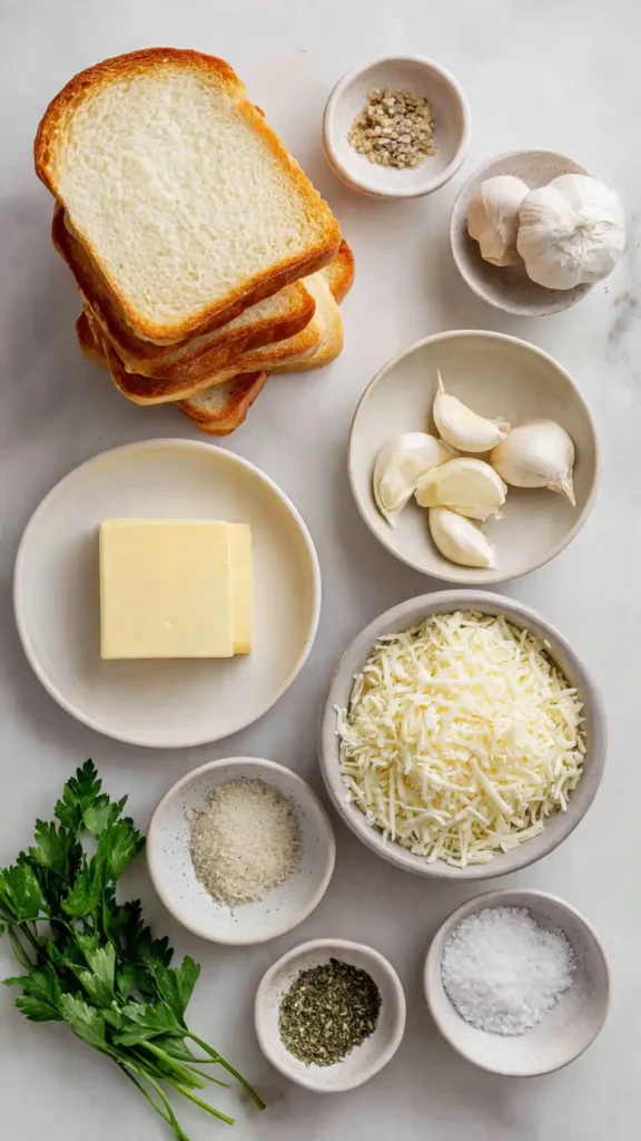 Ingredients for Texas toast garlic bread including thick bread slices, butter, fresh garlic, mozzarella cheese, Parmesan, and fresh parsley