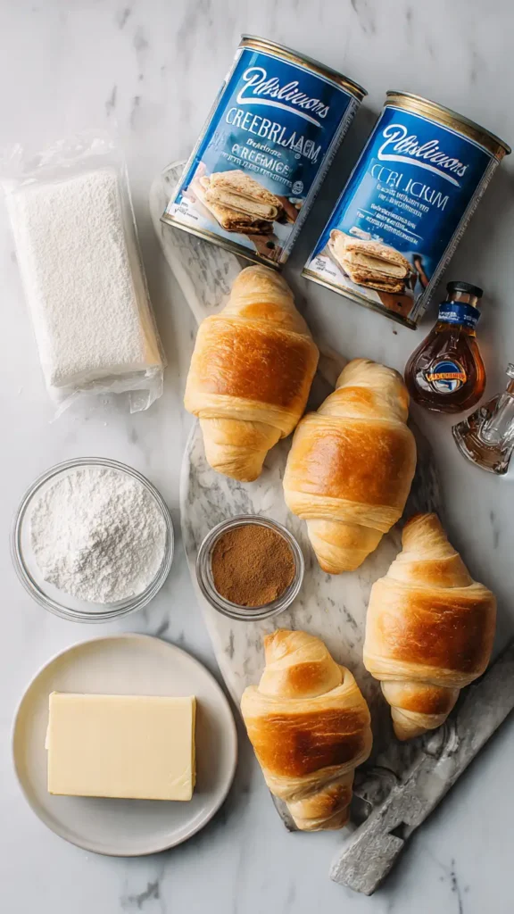 Essential ingredients for cheesecake crescent rolls casserole including crescent roll dough, cream cheese, sugar, cinnamon and butter on marble counter