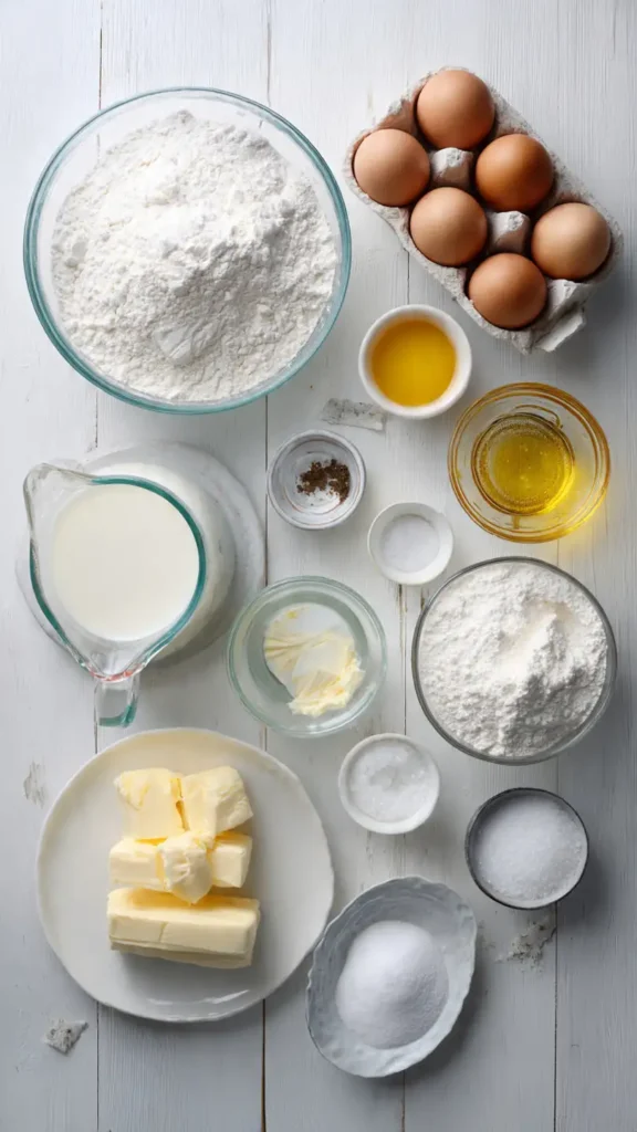 Overhead view of essential ingredients for homemade fluffy cake including flour, sugar, butter, eggs, milk, and vanilla extract arranged on white table