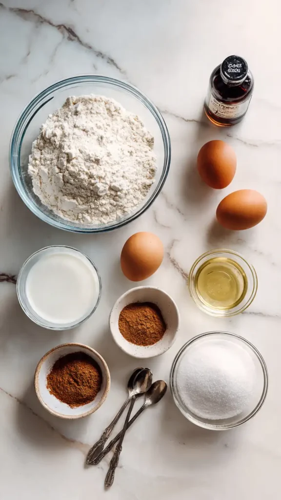 All ingredients for Amish cinnamon bread arranged on white marble counter including flour, milk, eggs, and cinnamon