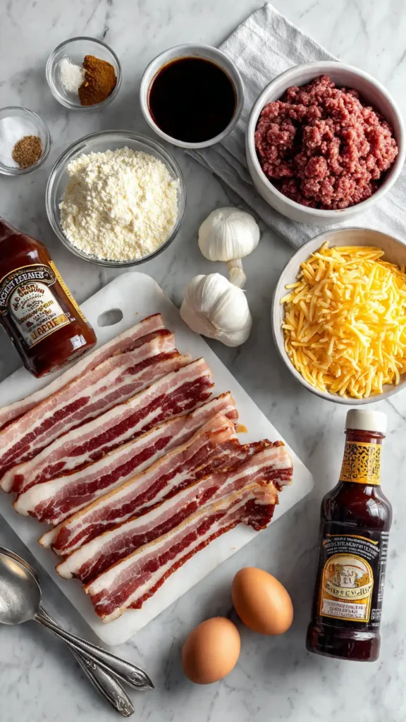 Overhead view of all ingredients needed for bacon bombs including bacon strips, ground beef, cheddar cheese cubes, and BBQ sauce on marble counter