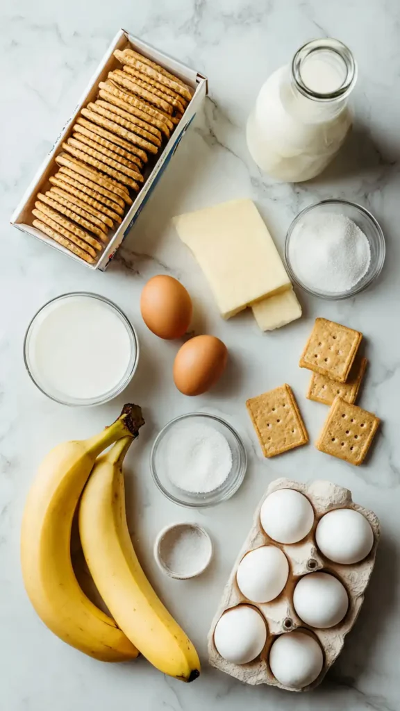Banana pudding ingredients including fresh bananas, vanilla wafers, heavy cream, sugar, and eggs arranged on marble countertop