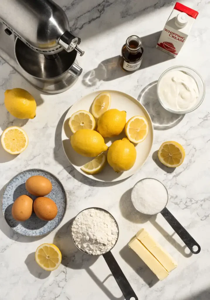 Fresh ingredients for lemon cream cake including lemons, sour cream, eggs, butter, flour and KitchenAid mixer