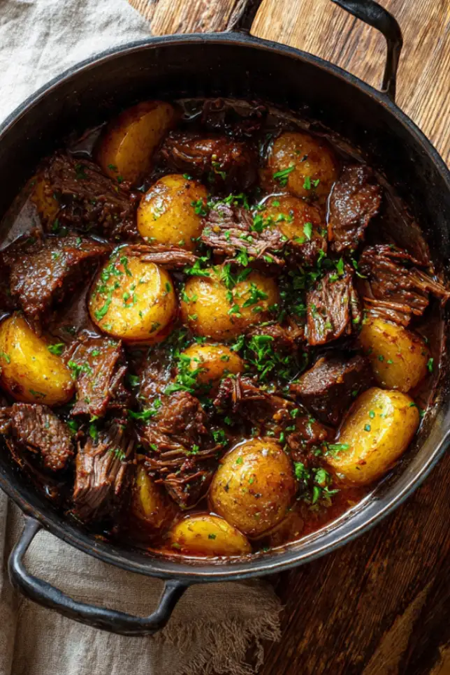 Beef baked with potatoes in a cast iron Dutch oven showing tender beef chunks and golden roasted potatoes in rich brown sauce