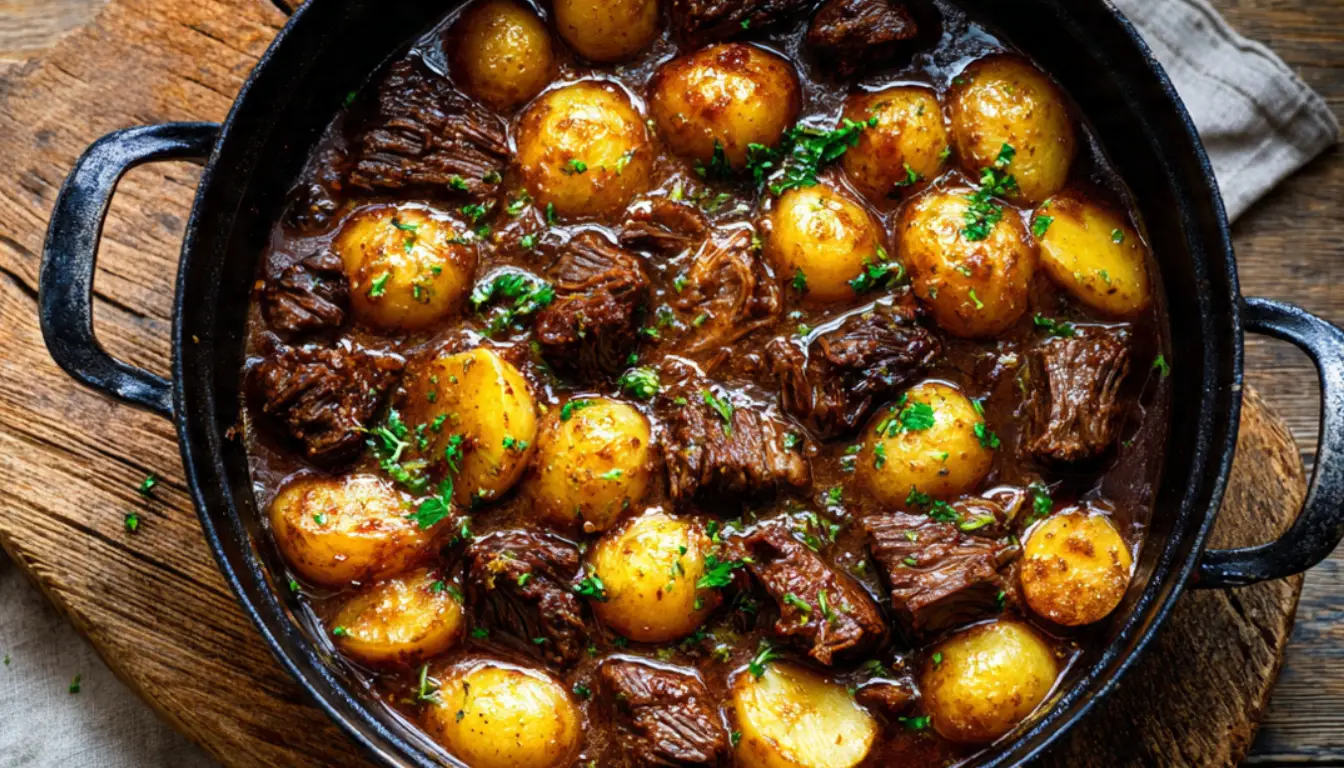 Beef baked with potatoes in a cast iron Dutch oven showing tender beef chunks and golden roasted potatoes in rich brown sauce