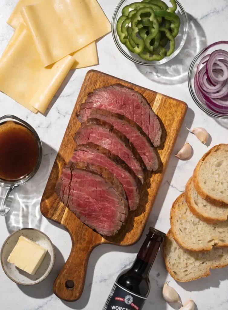 Overhead view of beef melt sandwich ingredients including roast beef, provolone cheese, sourdough bread, onions, peppers, and butter on marble counter