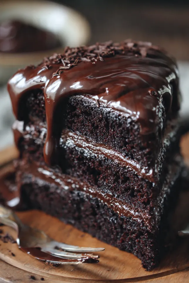 Decadent chocolate fudge layer cake with rich frosting and a slice cut showing moist chocolate interior