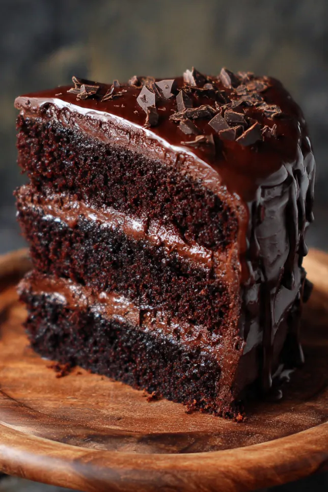 Decadent chocolate fudge layer cake with rich frosting and a slice cut showing moist chocolate interior