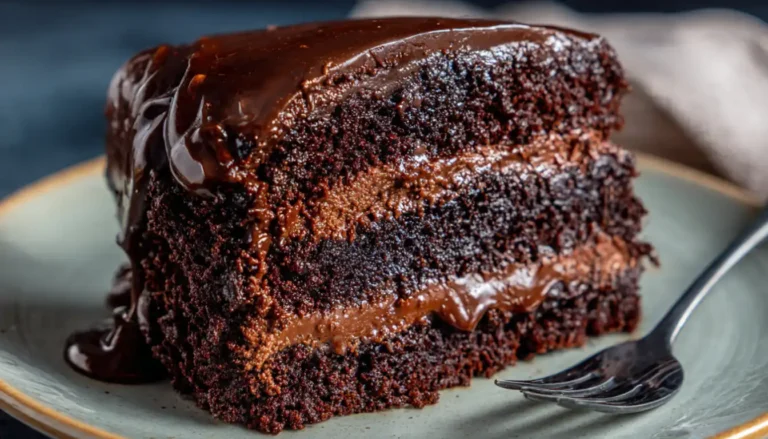 Decadent chocolate fudge layer cake with rich frosting and a slice cut showing moist chocolate interior
