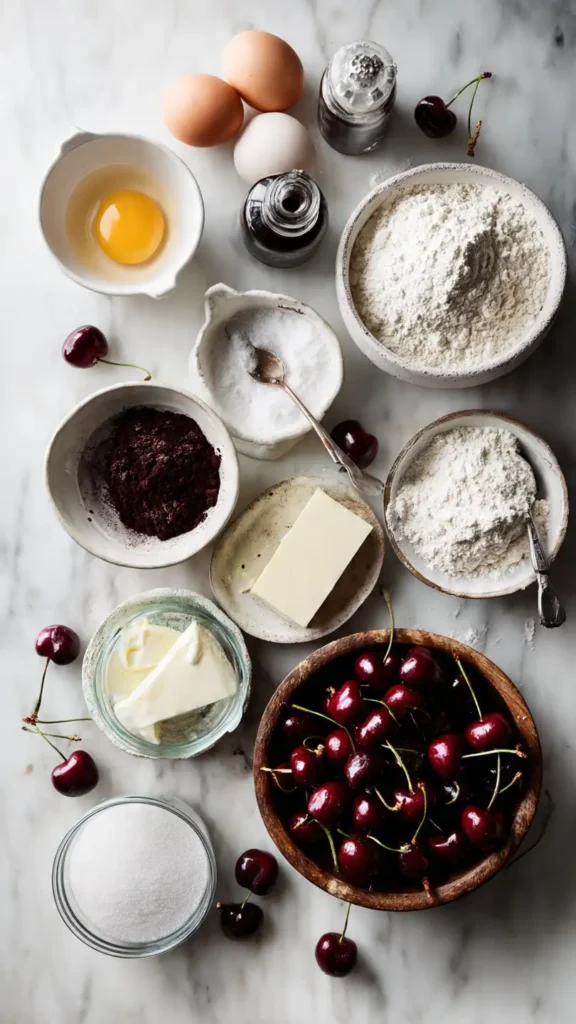 Ingredients for Black Forest Swiss roll including eggs, flour, cocoa powder, fresh cherries, heavy cream, and sugar on marble countertop