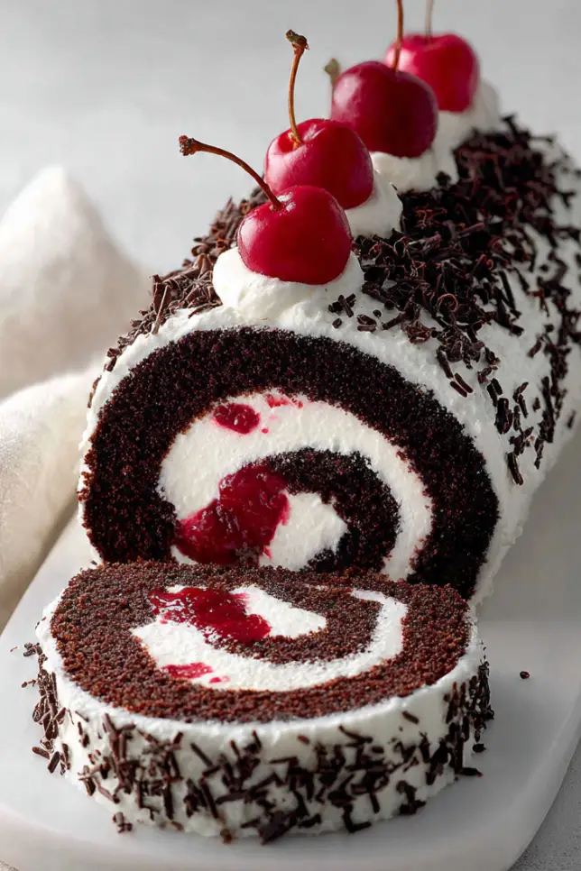 Black Forest Swiss roll with chocolate sponge, cherry filling, and whipped cream showing spiral layers on white serving platter