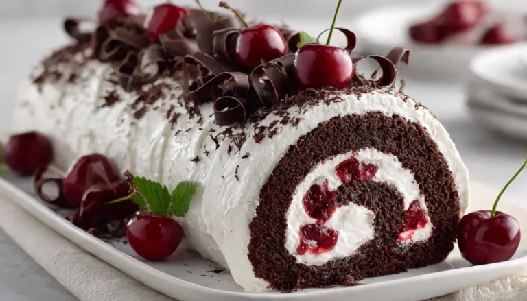 Black Forest Swiss roll with chocolate sponge, cherry filling, and whipped cream showing spiral layers on white serving platter