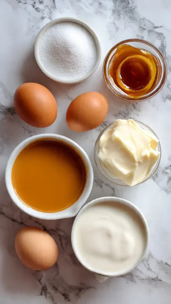 Essential caramel flan ingredients including eggs, condensed milk, evaporated milk, vanilla extract, and sugar on marble counter