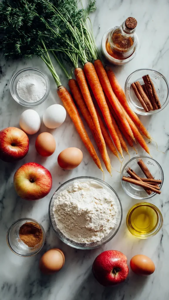 Fresh ingredients for carrot apple cake including carrots, apples, eggs, flour, sugar, and spices arranged on white marble countertop
