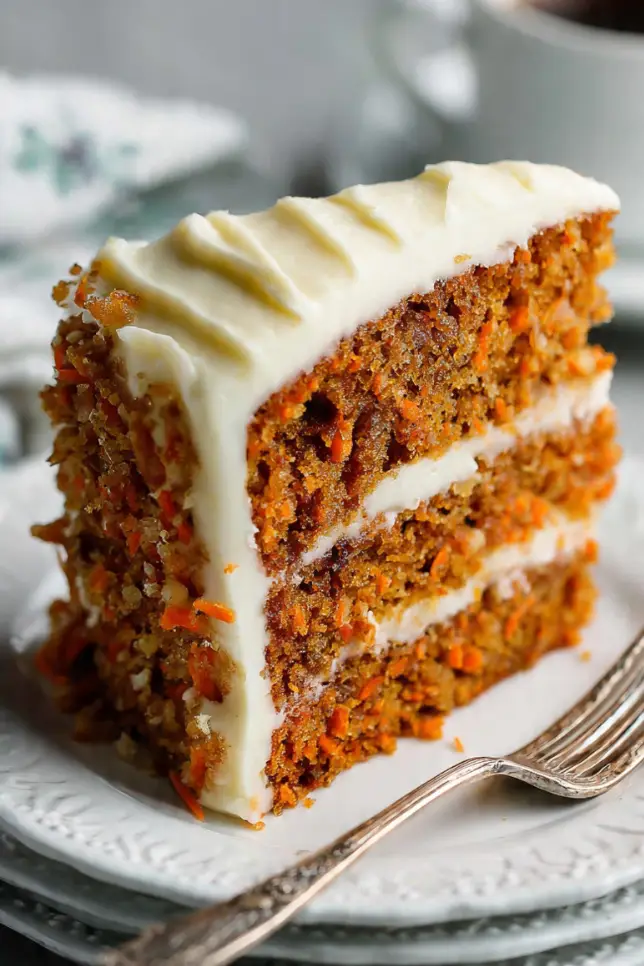 Moist slice of carrot apple cake with cream cheese frosting on a white plate showing golden brown texture and shredded carrots