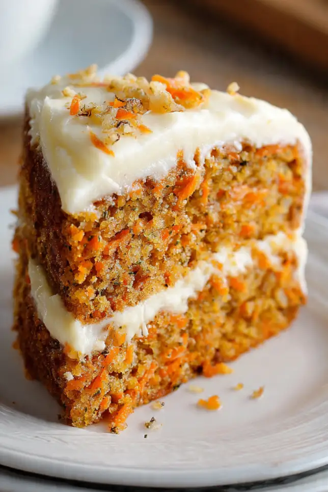 Moist slice of carrot apple cake with cream cheese frosting on a white plate showing golden brown texture and shredded carrots
