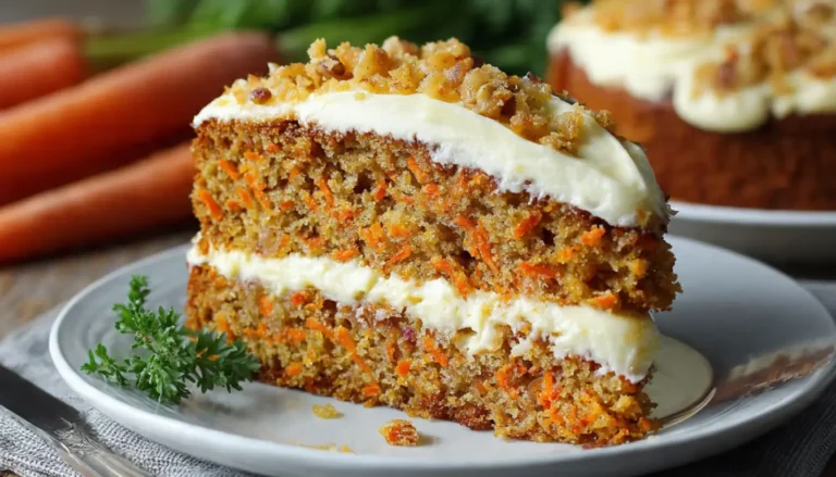 Moist slice of carrot apple cake with cream cheese frosting on a white plate showing golden brown texture and shredded carrots
