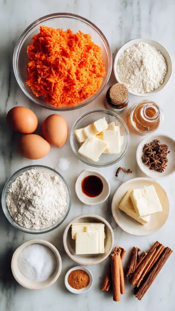 All ingredients for carrot cake roll laid out including grated carrots, cream cheese, eggs, flour, and spices