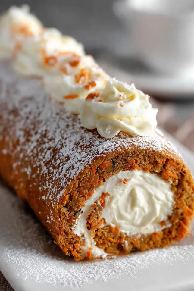Homemade carrot cake roll with cream cheese frosting dusted with powdered sugar on white platter
