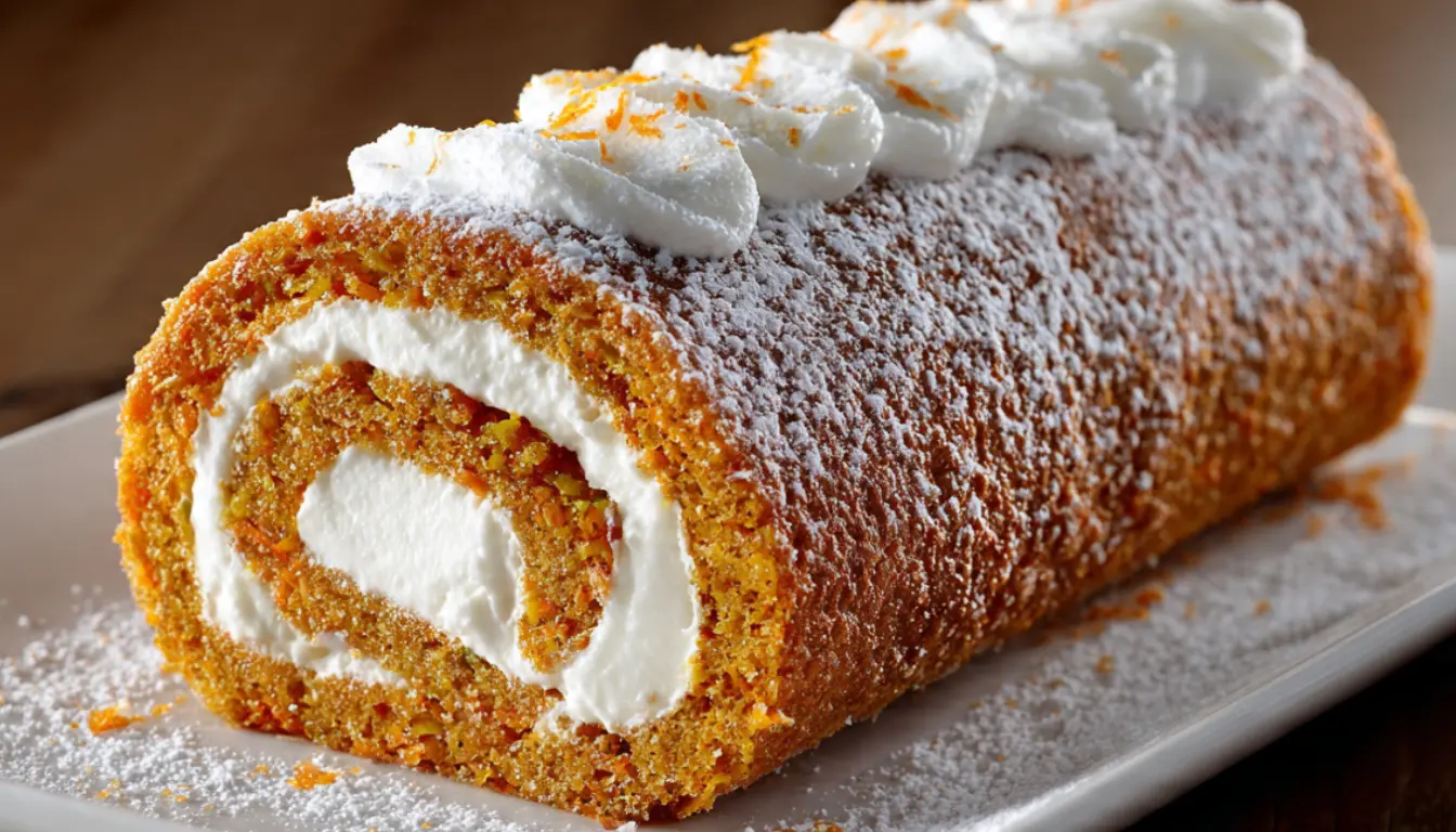 Homemade carrot cake roll with cream cheese frosting dusted with powdered sugar on white platter