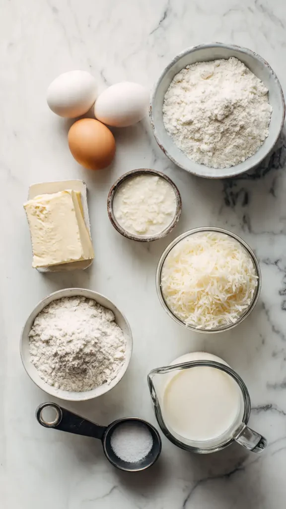 Overhead view of ingredients for Cassarola Italiana including eggs, condensed milk, coconut, Parmesan cheese, flour, and sugar