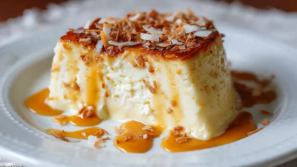 Brazilian Cassarola Italiana custard pudding with golden caramel sauce dripping down sides on elegant white plate