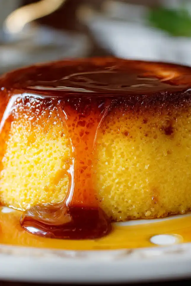 Brazilian Cassarola Italiana custard pudding with golden caramel sauce dripping down sides on elegant white plate