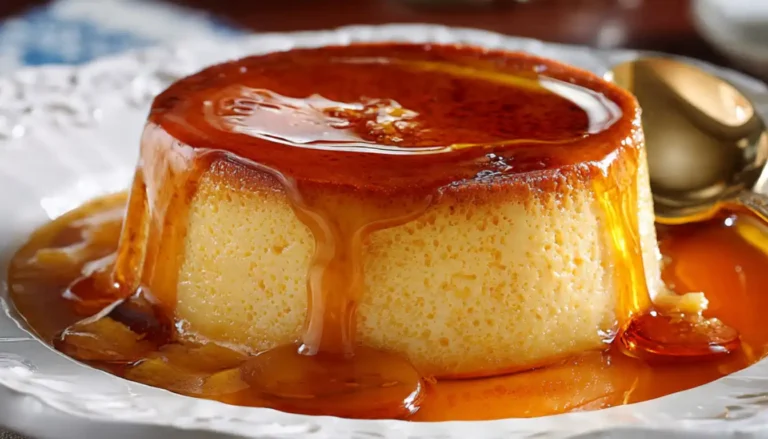Brazilian Cassarola Italiana custard pudding with golden caramel sauce dripping down sides on elegant white plate