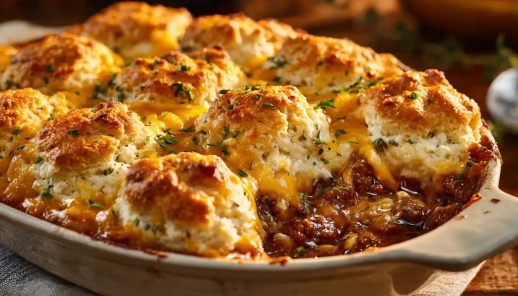 Freshly baked Cheddar Bay Hamburger Casserole with golden garlic butter biscuits and melted cheddar cheese on white plate