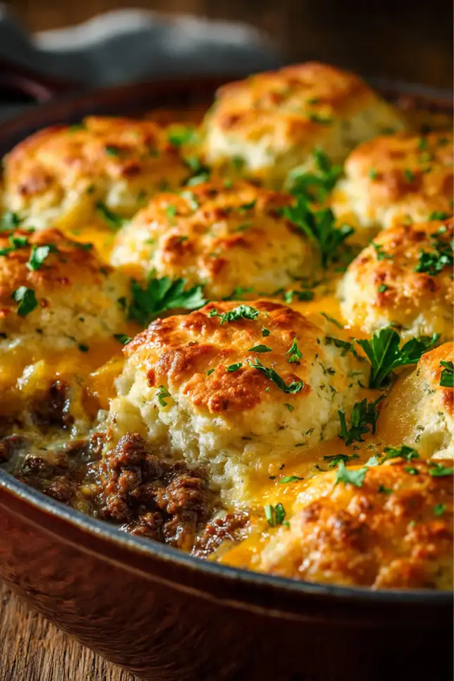 Freshly baked Cheddar Bay Hamburger Casserole with golden garlic butter biscuits and melted cheddar cheese on white plate
