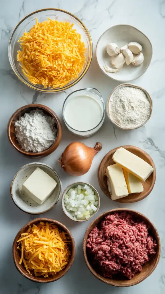 All ingredients for Cheddar Bay Hamburger Casserole arranged on marble counter including ground beef, cheddar cheese, and biscuit ingredients