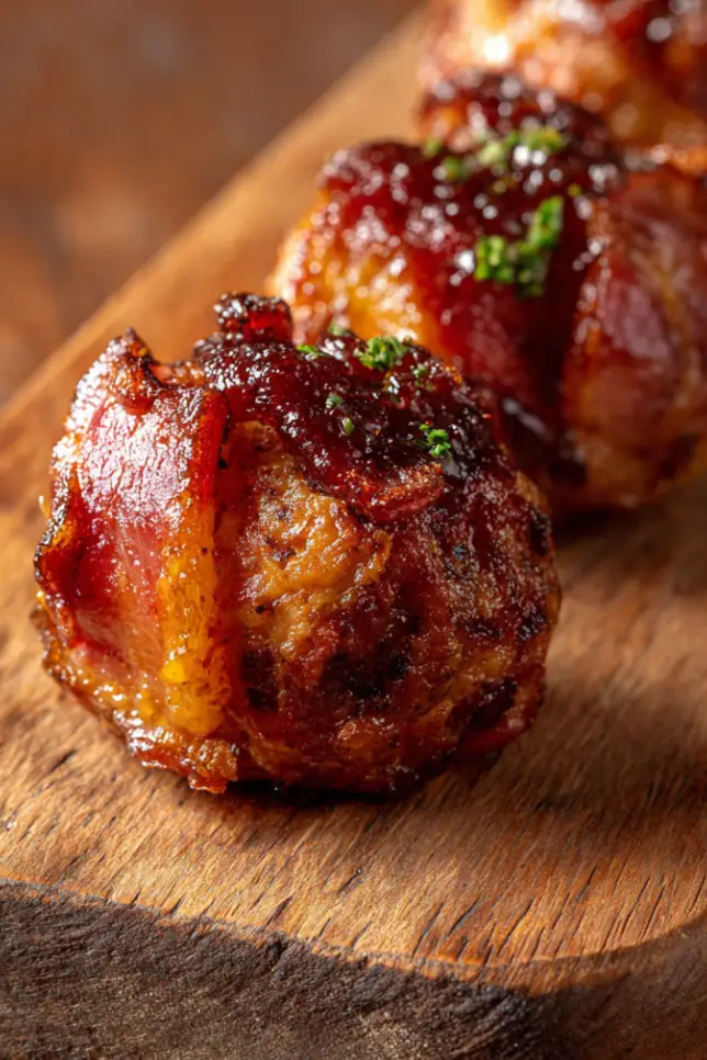 Crispy bacon-wrapped meatballs stuffed with melted cheddar cheese and glazed with BBQ sauce on a rustic wooden board
