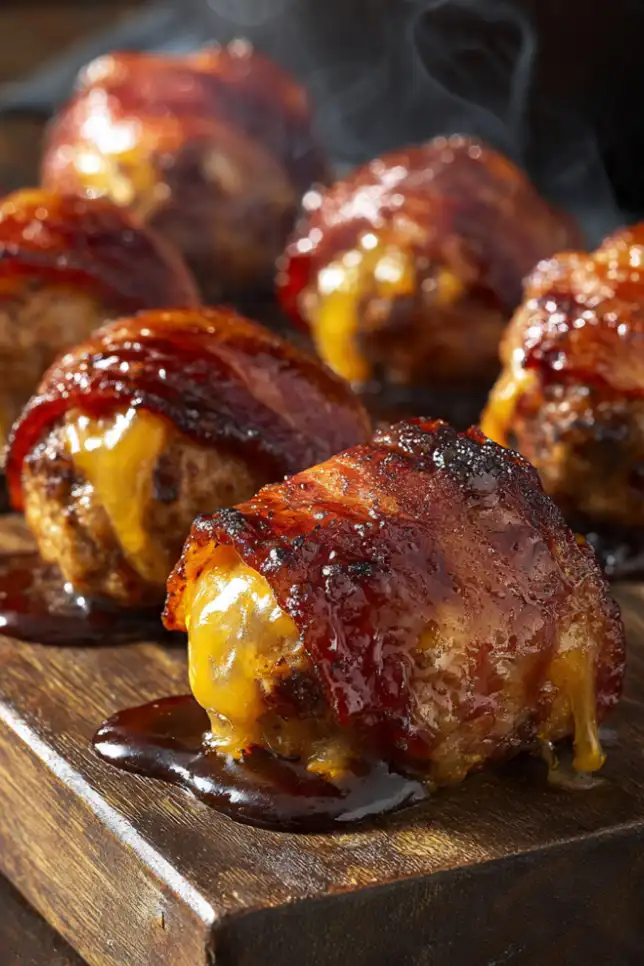 Crispy bacon-wrapped meatballs stuffed with melted cheddar cheese and glazed with BBQ sauce on a rustic wooden board