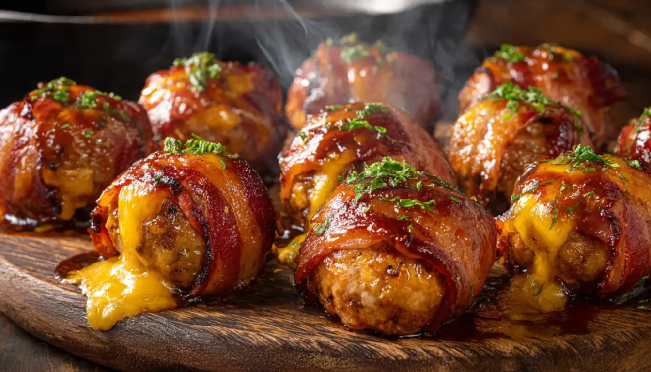Crispy bacon-wrapped meatballs stuffed with melted cheddar cheese and glazed with BBQ sauce on a rustic wooden board