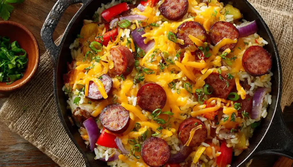 Cheesy smoked sausage rice skillet in cast iron pan with melted cheddar cheese, sliced kielbasa, and colorful vegetables