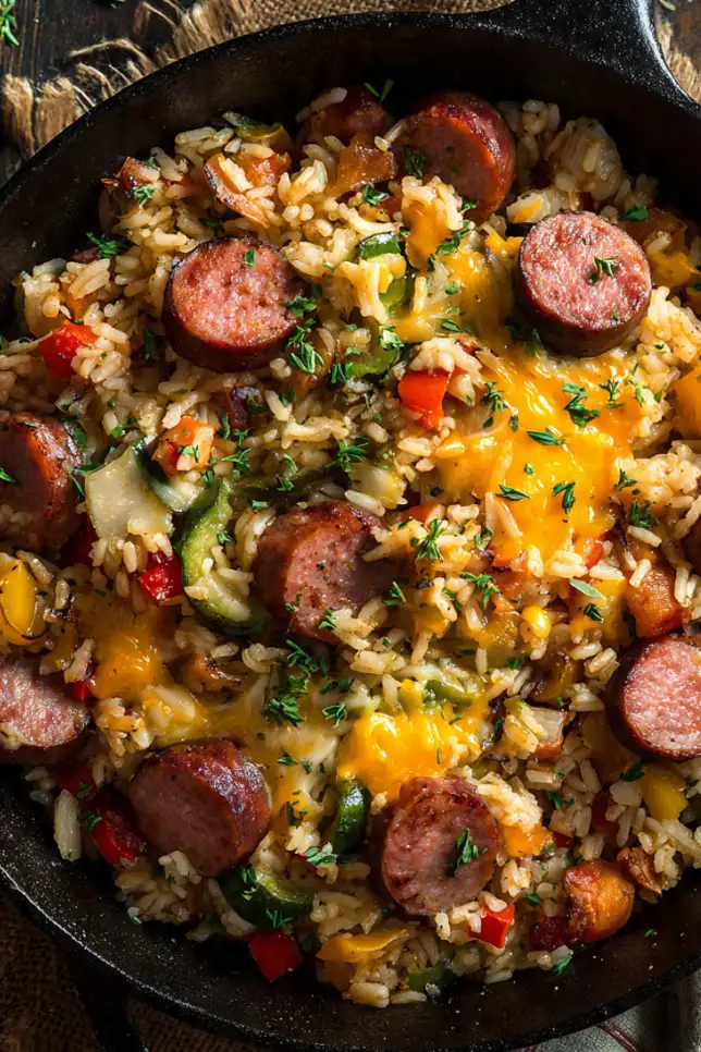 Cheesy smoked sausage rice skillet in cast iron pan with melted cheddar cheese, sliced kielbasa, and colorful vegetables