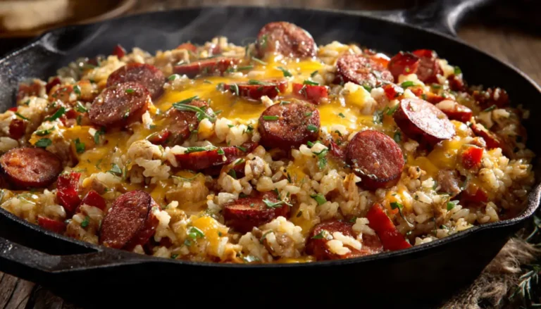 Cheesy smoked sausage rice skillet in cast iron pan with melted cheddar cheese, sliced kielbasa, and colorful vegetables