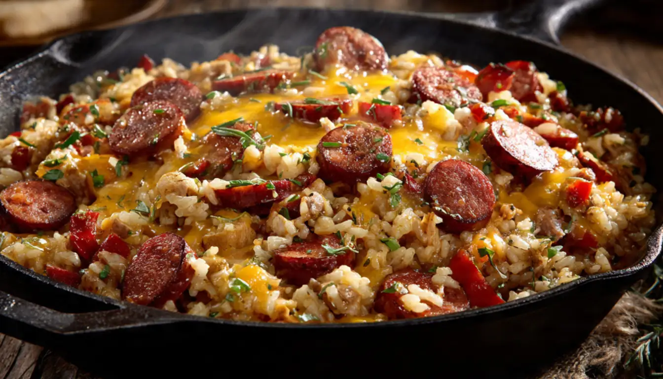 Cheesy smoked sausage rice skillet in cast iron pan with melted cheddar cheese, sliced kielbasa, and colorful vegetables