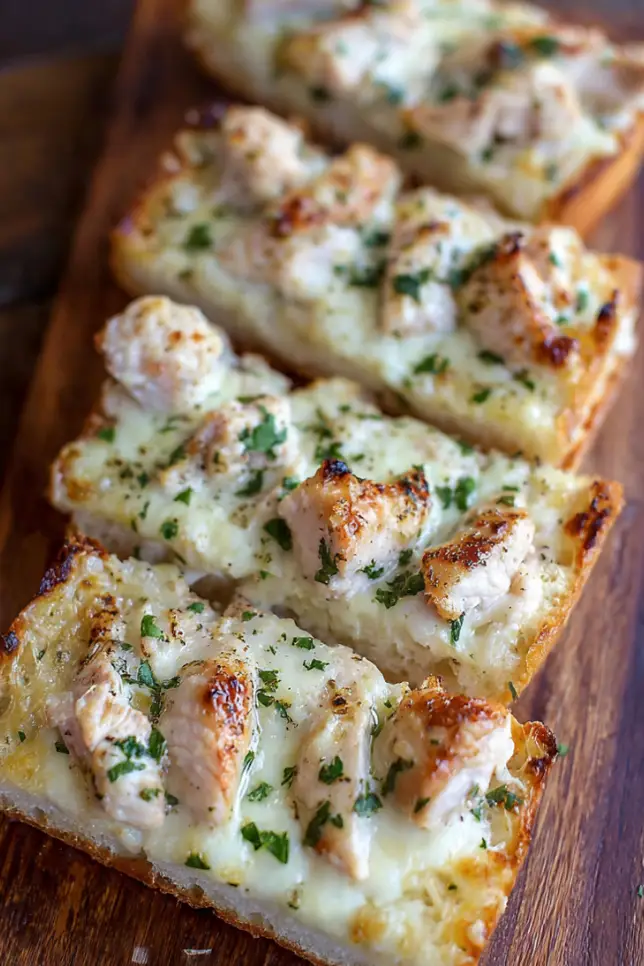 Sliced chicken Alfredo garlic bread with melted mozzarella cheese and creamy sauce on wooden cutting board