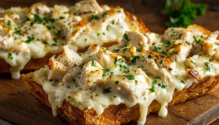 Sliced chicken Alfredo garlic bread with melted mozzarella cheese and creamy sauce on wooden cutting board