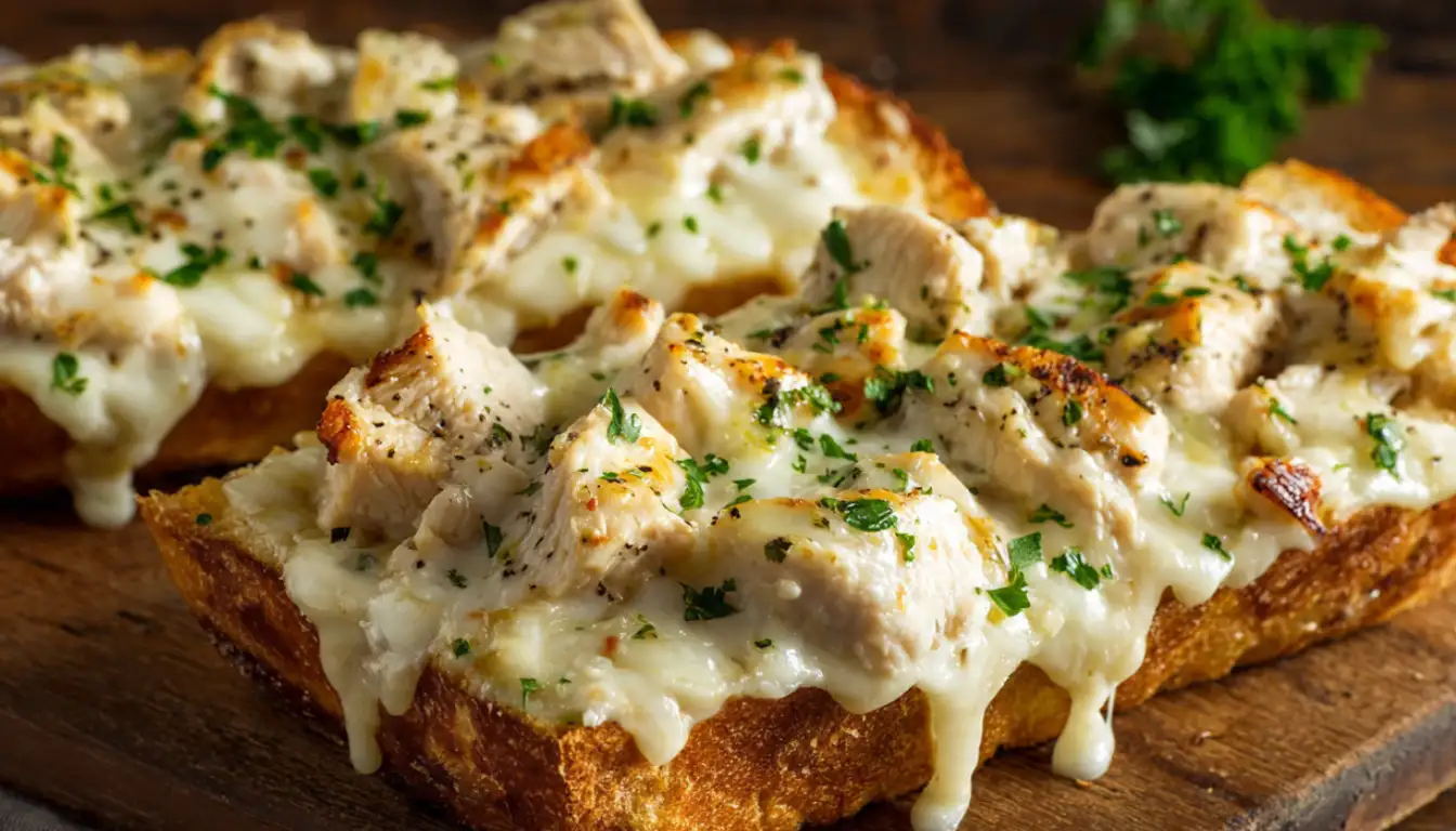 Sliced chicken Alfredo garlic bread with melted mozzarella cheese and creamy sauce on wooden cutting board