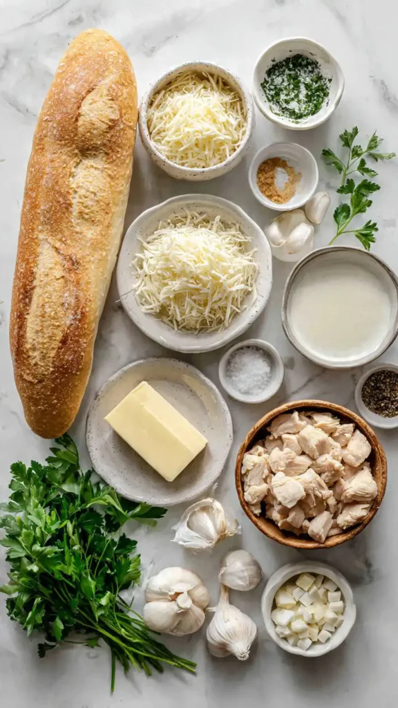 All ingredients needed for chicken Alfredo garlic bread recipe laid out on marble counter including bread, cheese, cream, and chicken