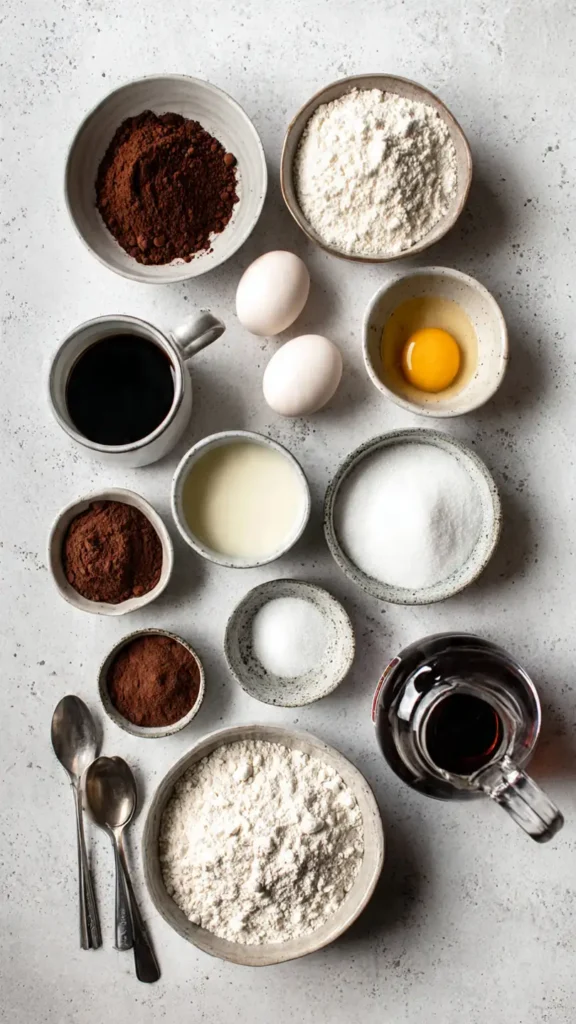 Chocolate cake ingredients arranged on marble counter including cocoa powder, flour, sugar, eggs, buttermilk, and coffee