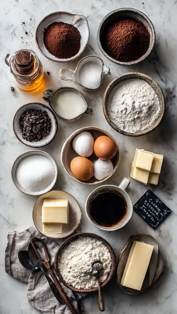 Chocolate fudge layer cake ingredients including cocoa powder, sugar, flour, eggs, milk, and coffee arranged on marble surface