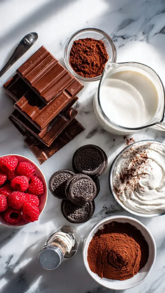 Chocolate mousse cake ingredients including dark chocolate, heavy cream, sandwich cookies, and fresh raspberries on marble countertop