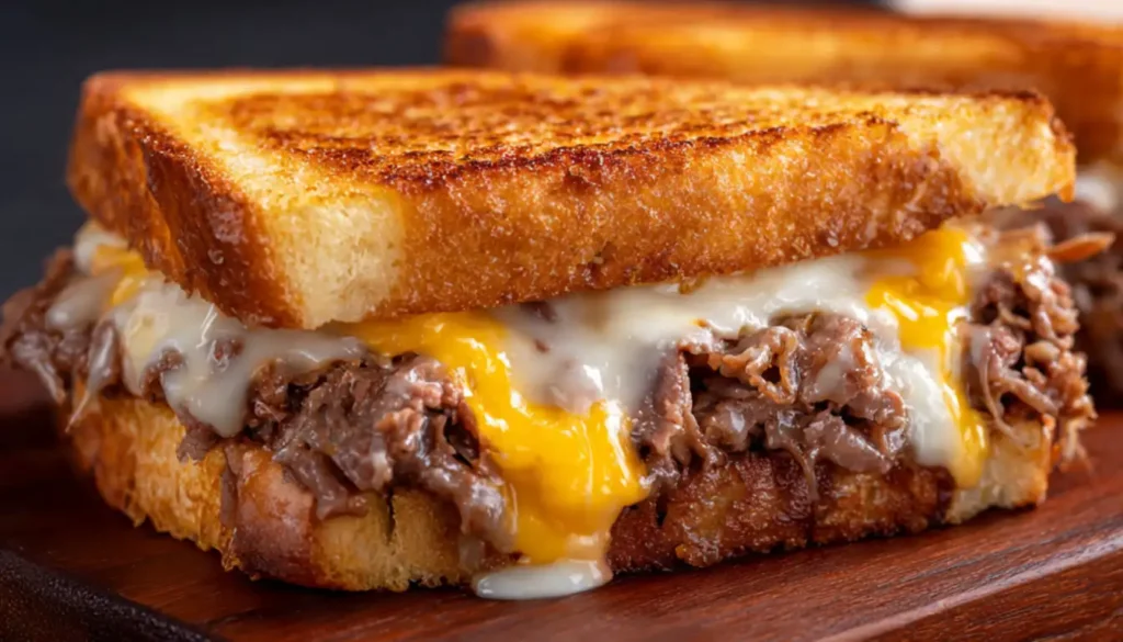 Classic beef melt sandwich with golden toasted bread, melted provolone cheese, roast beef, and caramelized onions on white plate