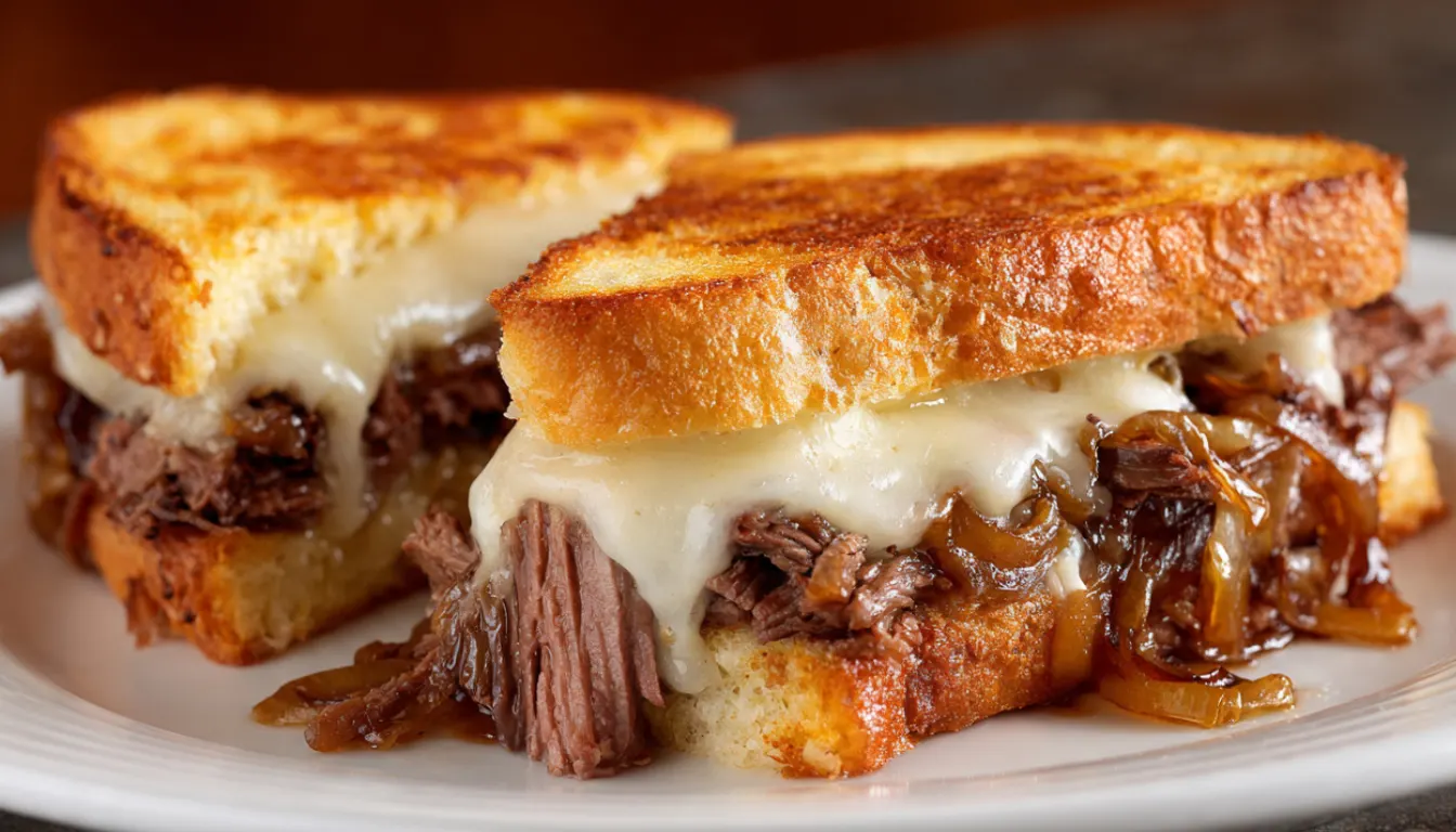 Classic beef melt sandwich with golden toasted bread, melted provolone cheese, roast beef, and caramelized onions on white plate