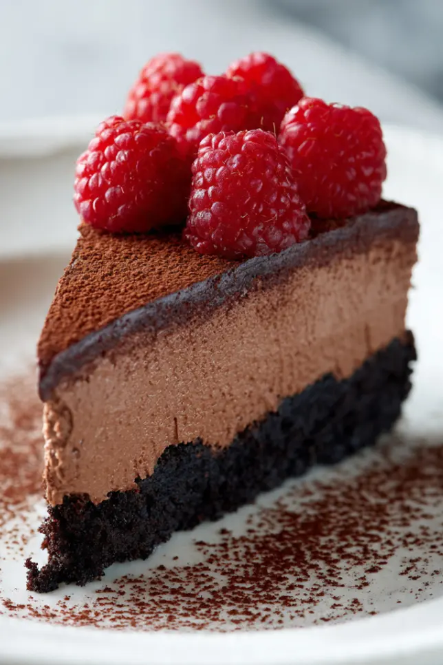 Slice of classic chocolate mousse cake with dark chocolate layers, cookie crust, and fresh raspberries on white plate