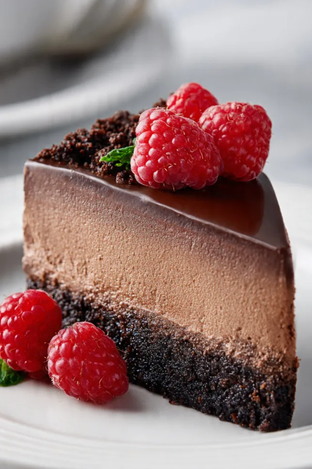 Slice of classic chocolate mousse cake with dark chocolate layers, cookie crust, and fresh raspberries on white plate